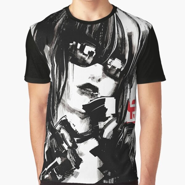 Cyberpunk-inspired urban fashion graphic t-shirt with futuristic, minimalist design