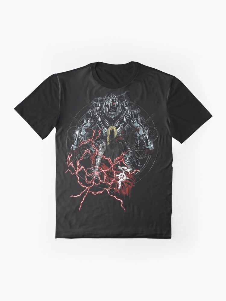 Fullmetal Alchemist graphic t-shirt featuring the Elric brothers and alchemist symbols - Flat lay