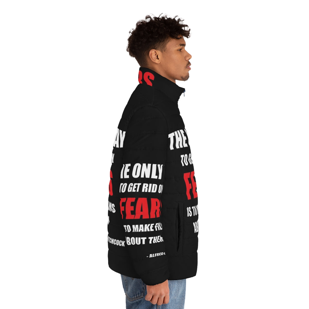 Stylish puffer jacket featuring a classic Alfred Hitchcock quote - men side right