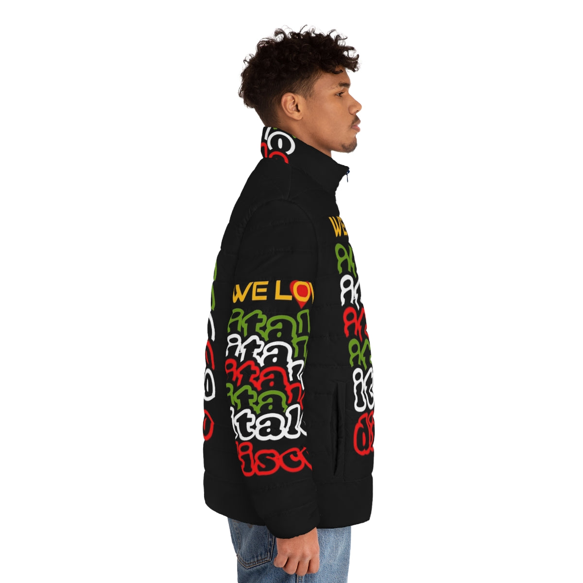 Italo disco inspired puffer jacket with retro 80s design - men side right