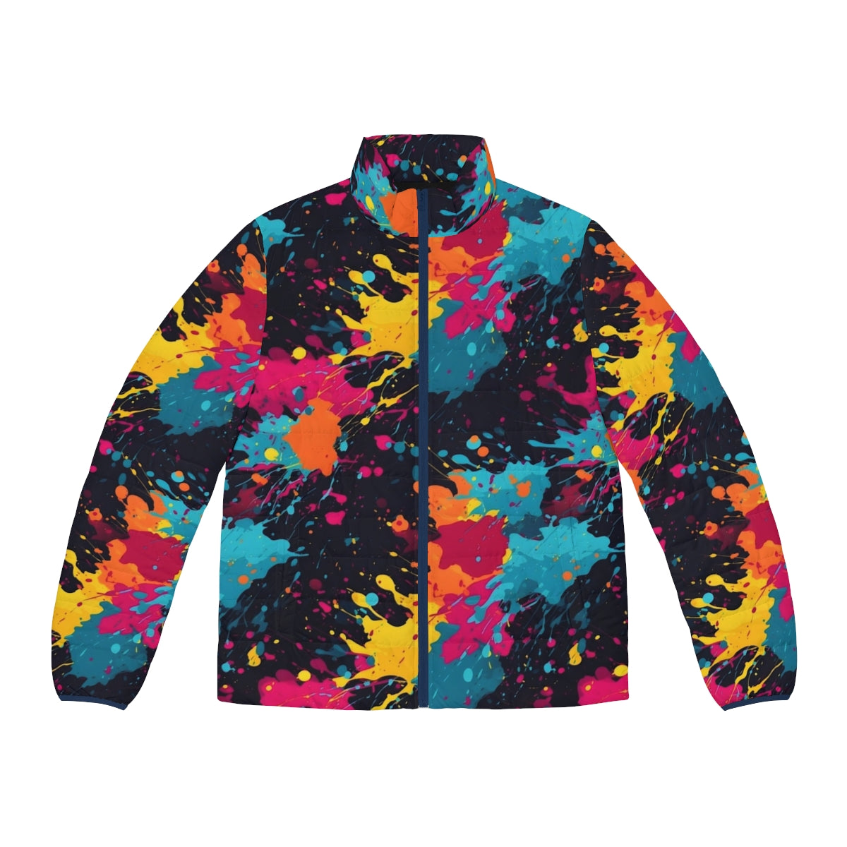 Vibrant neon paint splatter puffer jacket, featuring a bold, abstract design