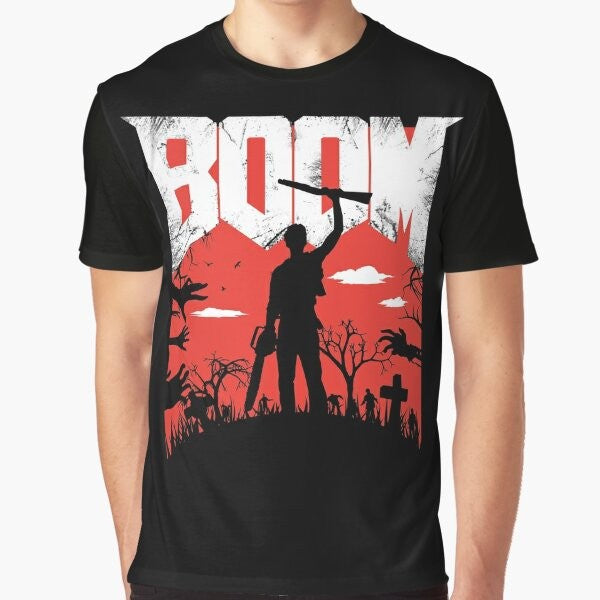 "This is my Boomstick!" Graphic T-Shirt featuring the iconic weapon from the Evil Dead franchise and Bruce Campbell's character Ash.