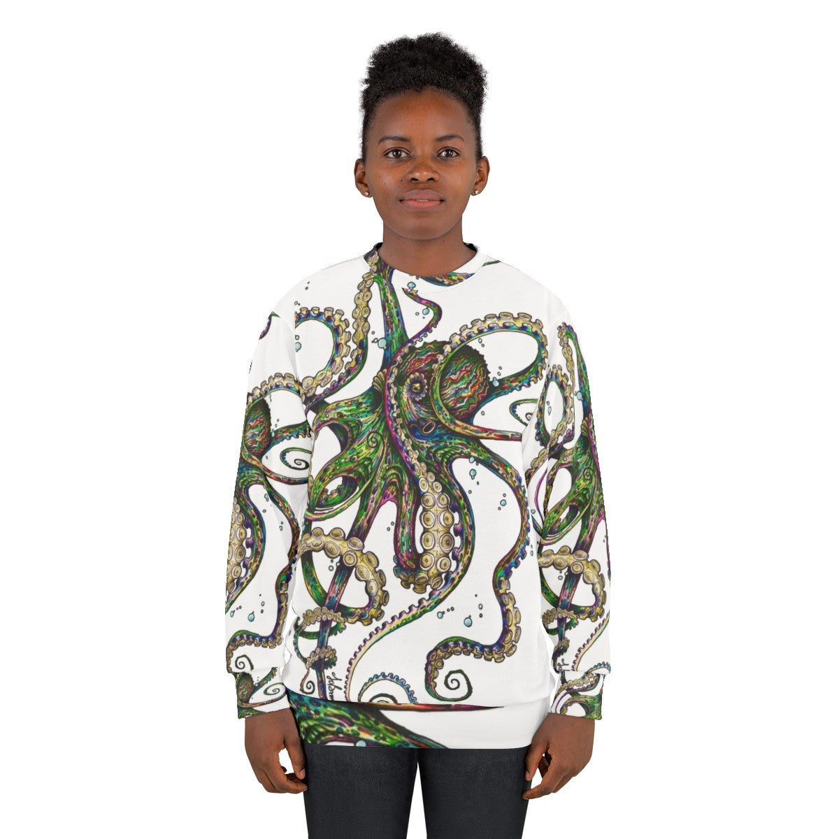 Psychedelic neon octopus design on a sweatshirt - women