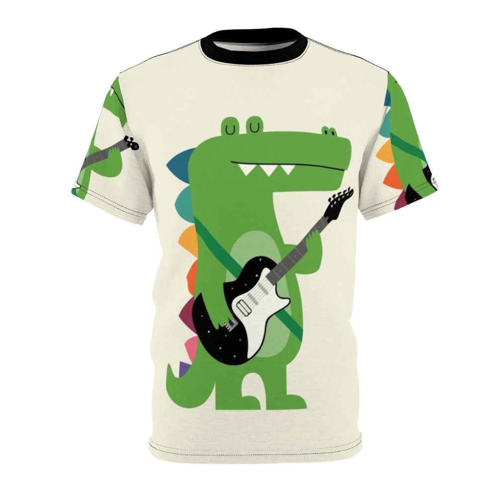 Vibrant crocodile print t-shirt with a punk rock, rainbow-colored design