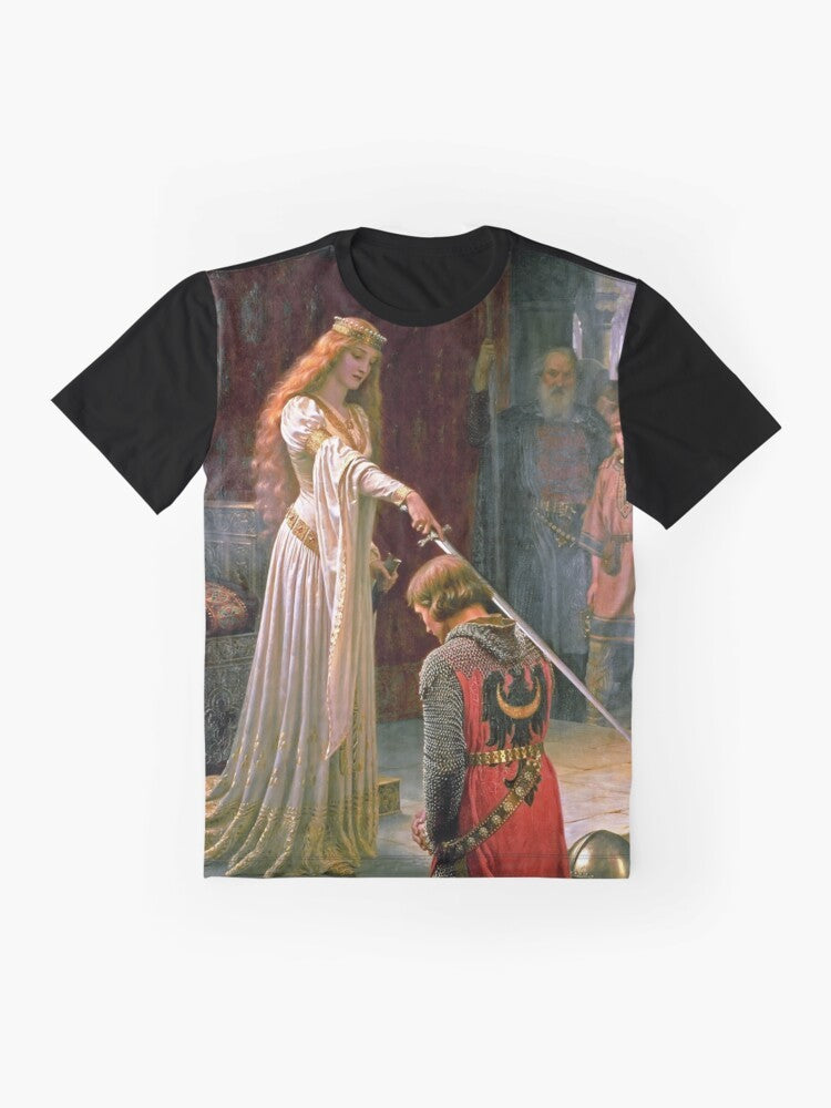 The Accolade graphic t-shirt featuring a medieval knight kneeling before a sword and king or queen - Flat lay