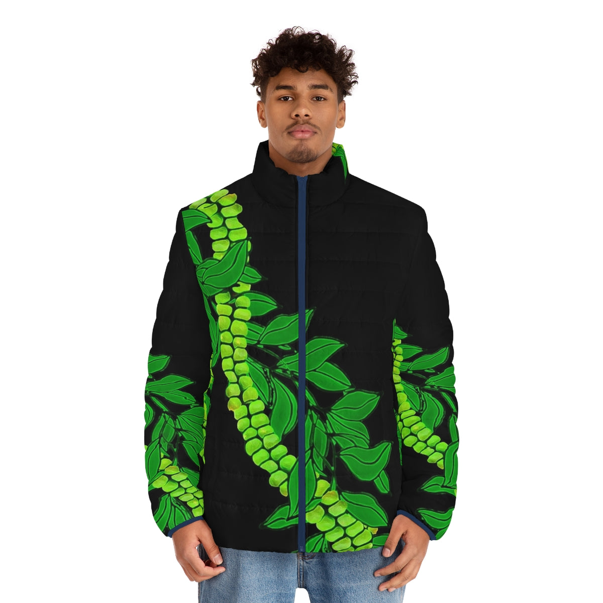 Woman wearing a Maile And Mokihana puffer jacket in a Hawaiian-inspired floral print - men front