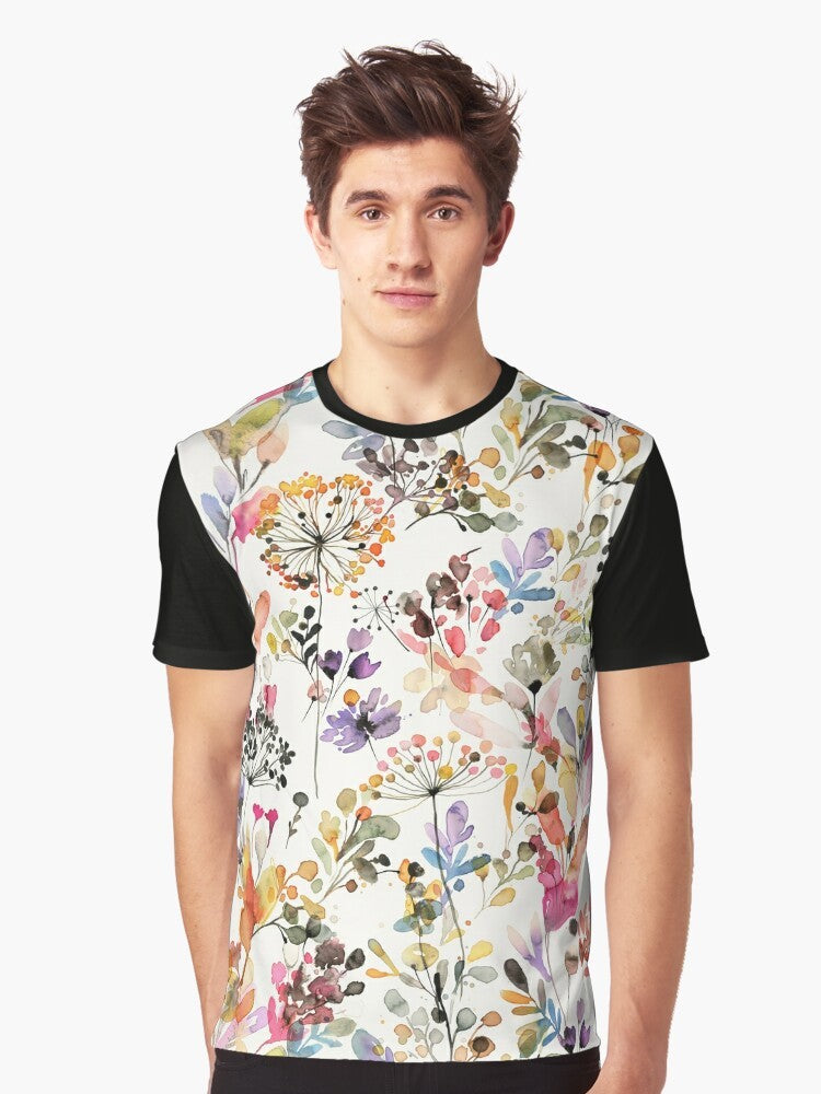 Botanical watercolor illustration of wild flowers and plants on a graphic t-shirt - Men