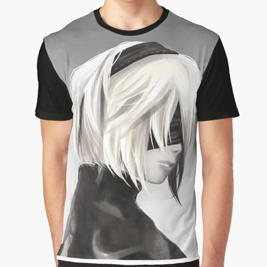 2B Graphic T-Shirt featuring a digital illustration of the character 2B from the video game Nier Automata