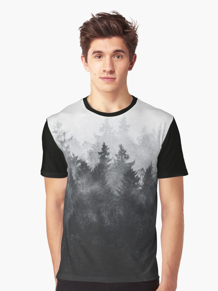 Vintage landscape graphic t-shirt featuring a nature scene with trees, fog, and mountains - Men