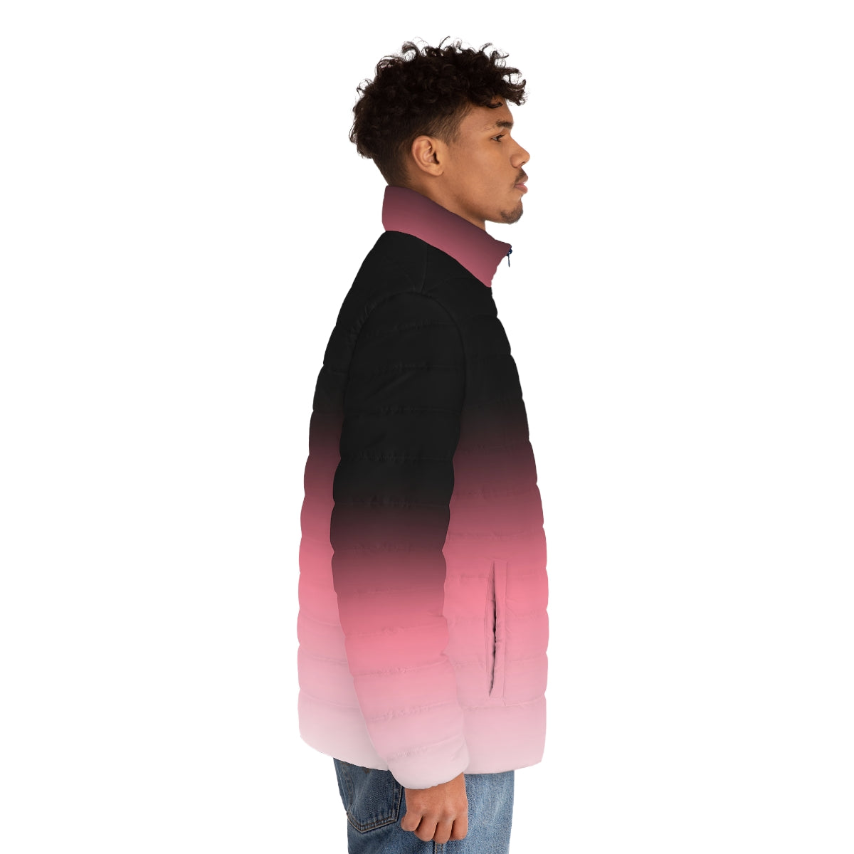 Ombre dip dye puffer jacket in black, pink, and white colors - men side right