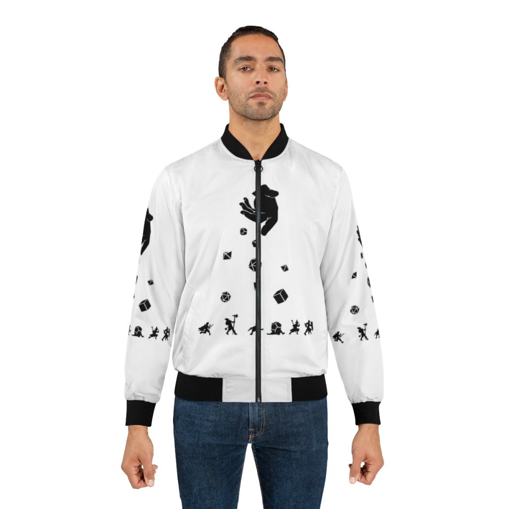 Rocks Fall, Everyone Dice Dungeons & Dragons Bomber Jacket with polyhedral dice pattern - Lifestyle