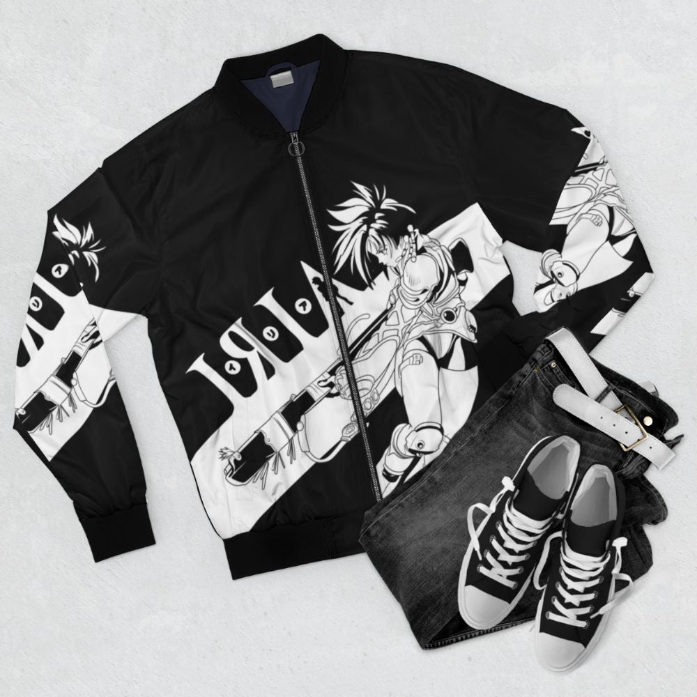 Iria Zeiram Retro Bomber Jacket with Anime, Manga, and Mecha Inspired Design - Flat lay