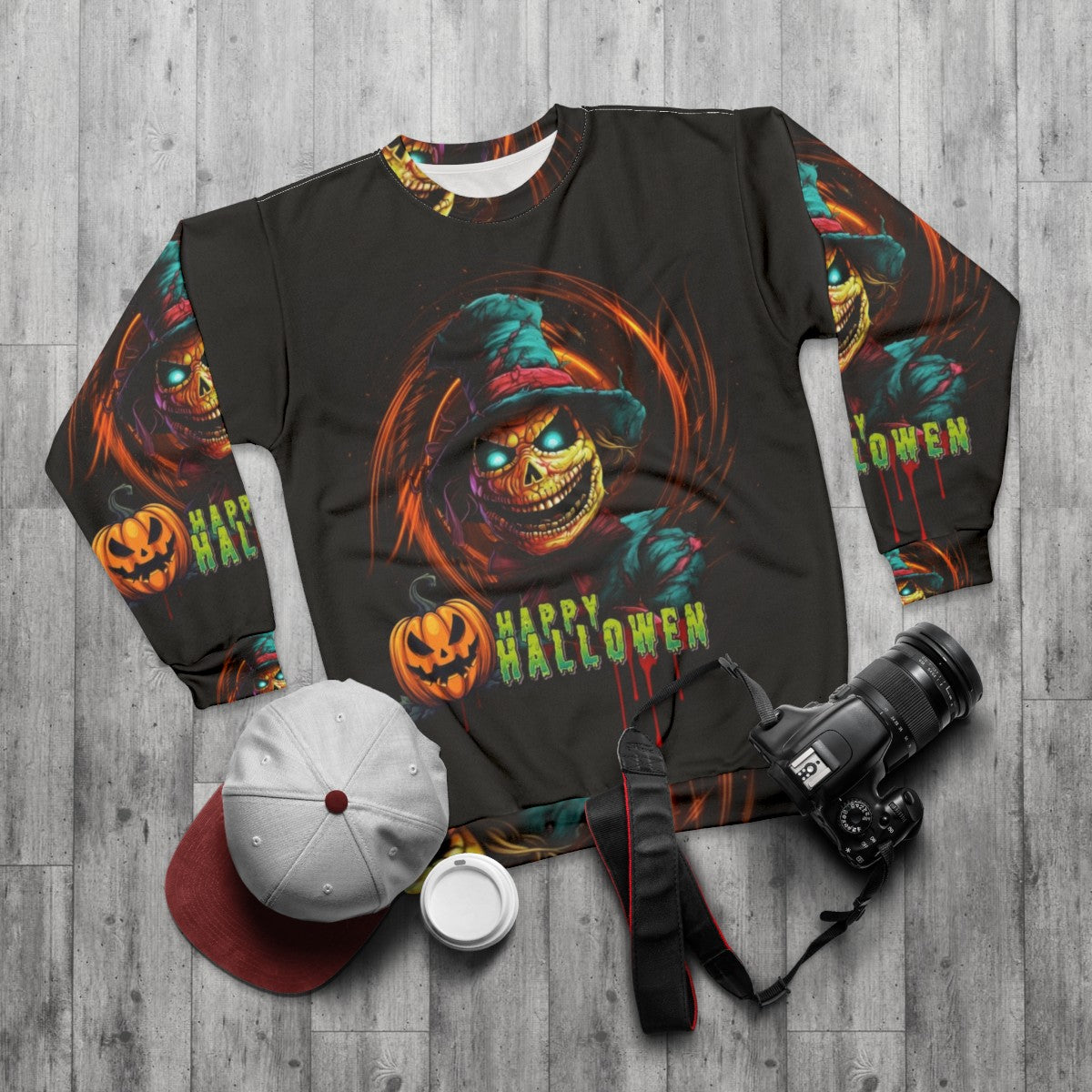 Scary Scarecrow Halloween Sweatshirt - flat lay