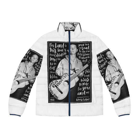 Woody Guthrie inspired puffer jacket with "This Land Is Your Land" typography and American flag design