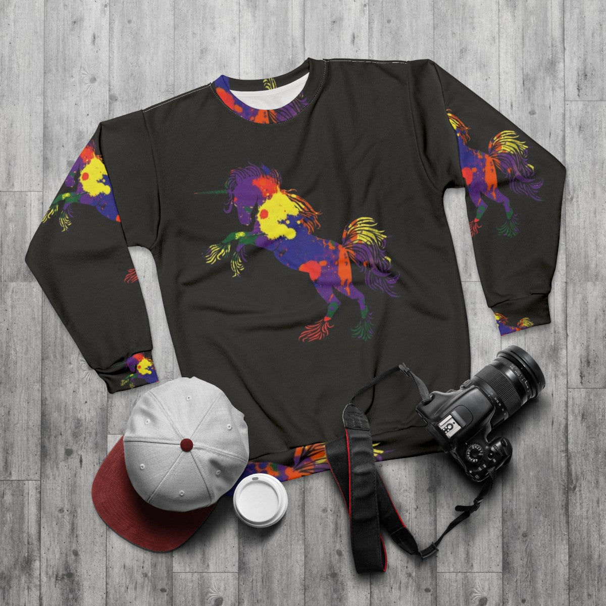 Rainbow Unicorn Sweatshirt with Whimsical Design - flat lay