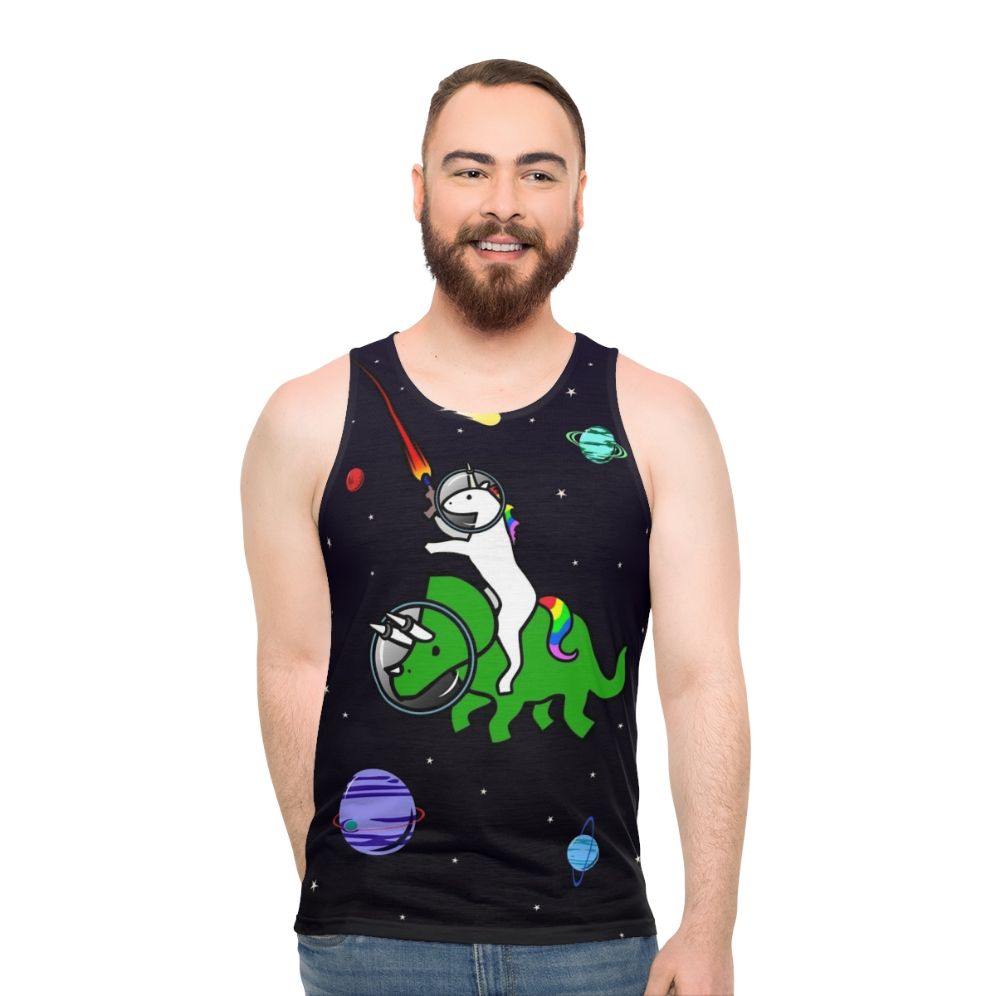 Unicorn riding triceratops in space unisex tank top - men