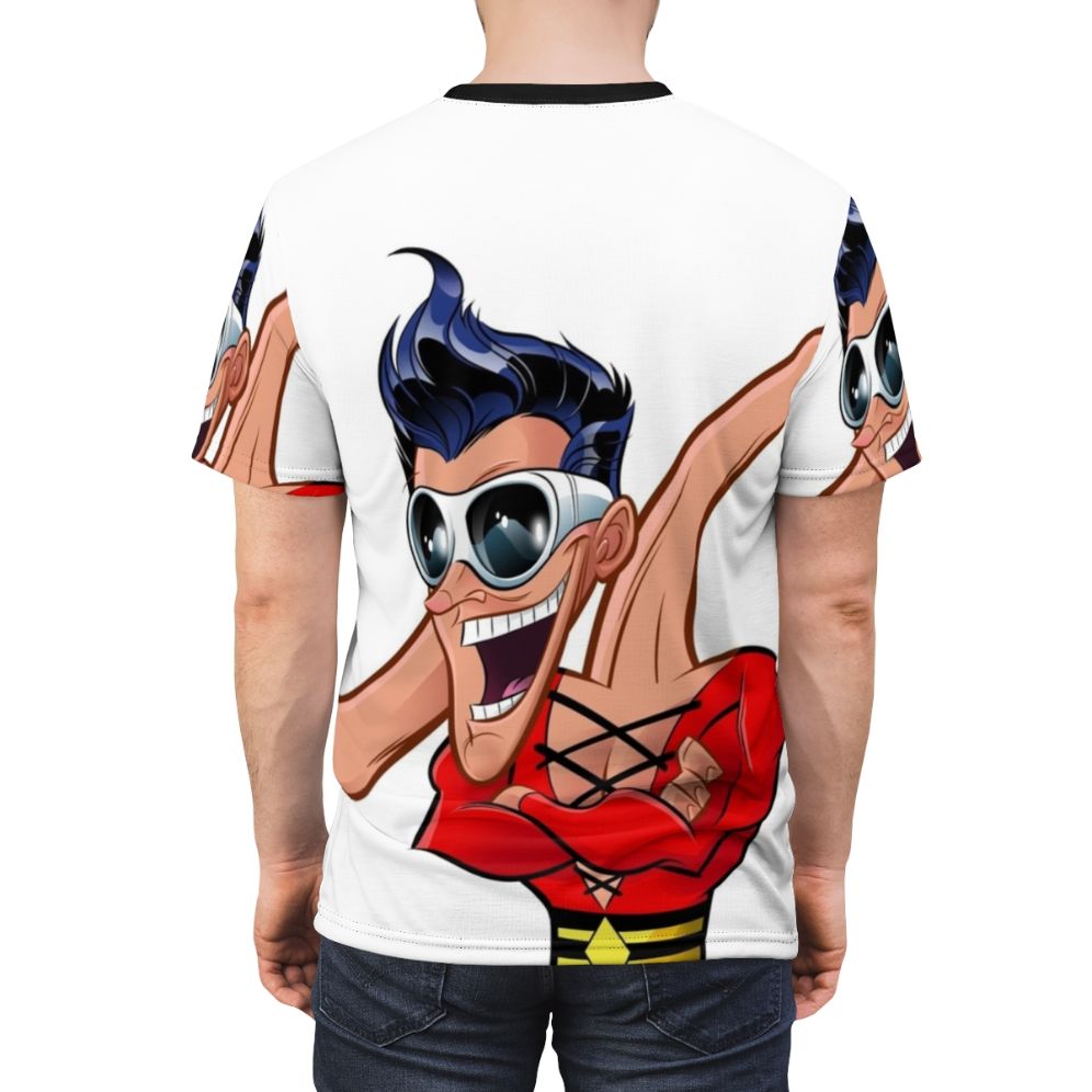 Plastic Man inspired t-shirt with superhero graphic design - men back