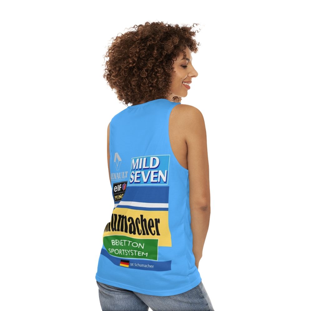 Unisex tank top featuring Michael Schumacher's 1995 Benetton Formula 1 race suit - women back