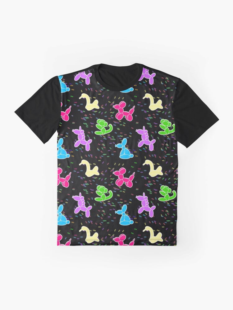 Colorful balloon animals including a dog and unicorn on a black graphic t-shirt - Flat lay