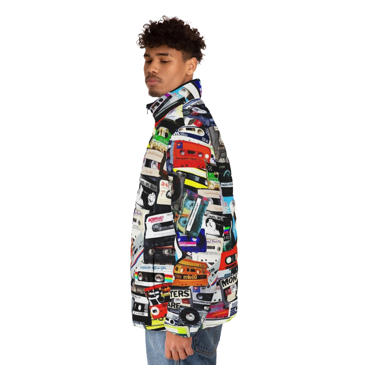 Cassette tape puffer jacket with a retro, nostalgic design - men side left