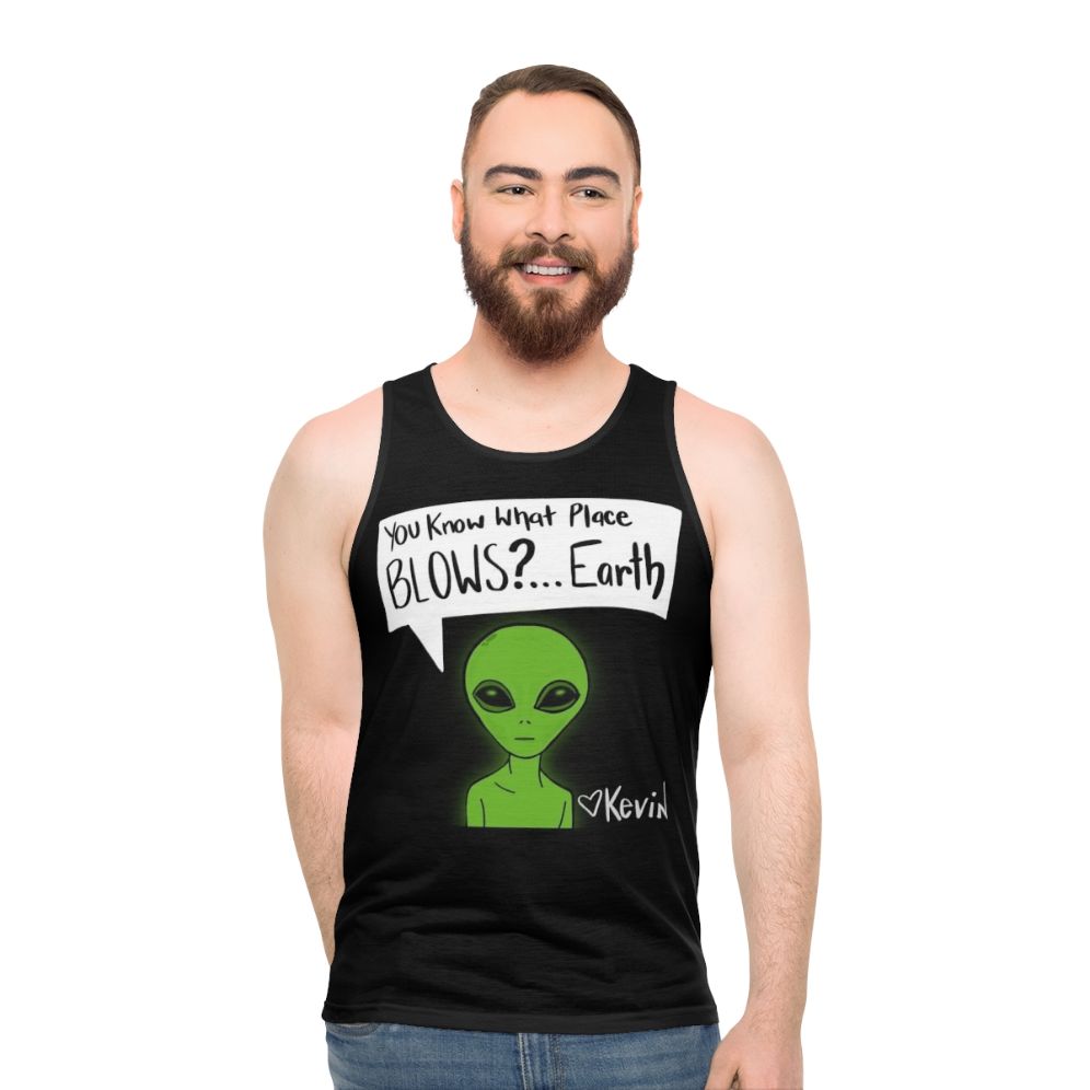 Unisex tank top with earth-themed design and pop culture references - men