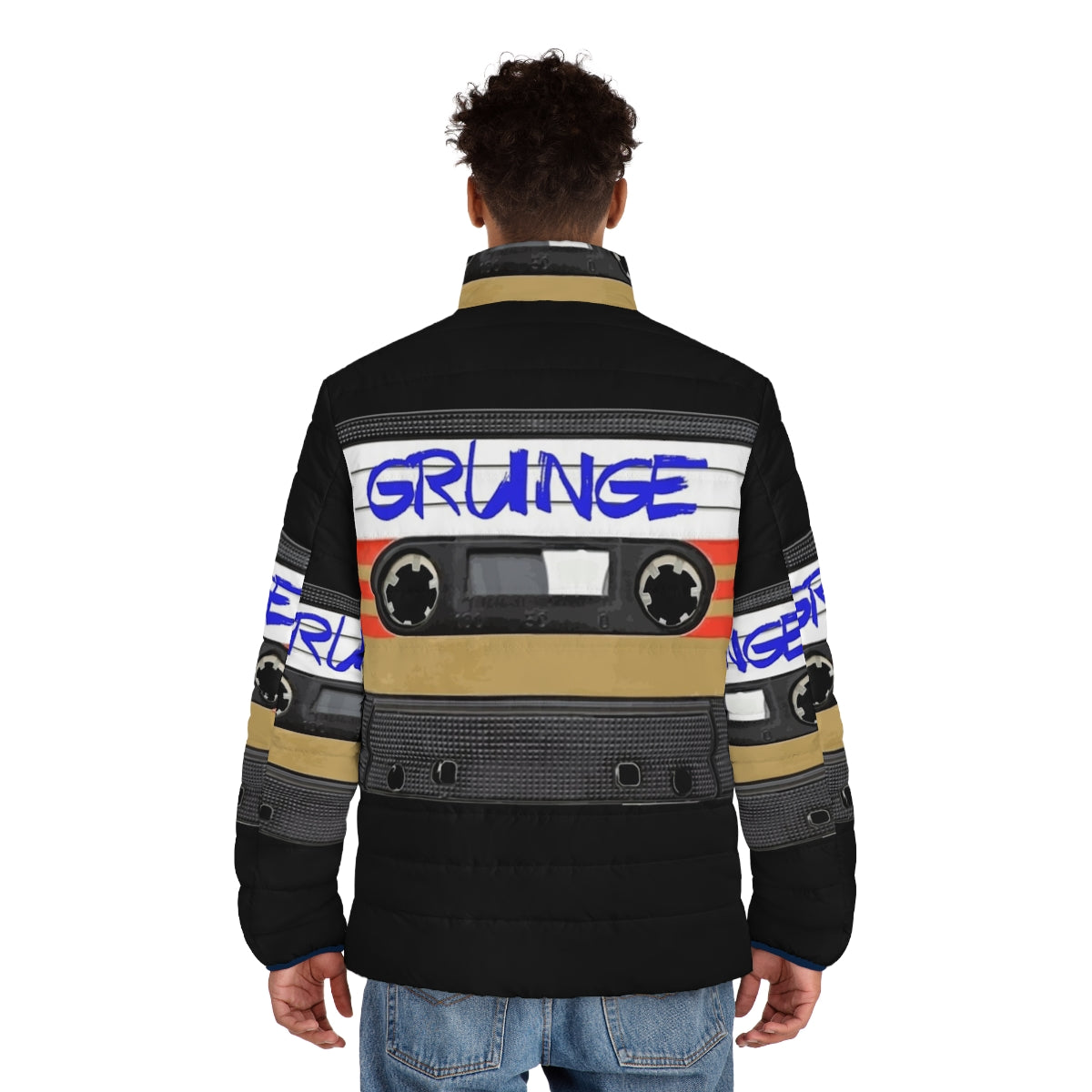 Grunge music puffer jacket with vintage retro classic alternative rock band design - men back