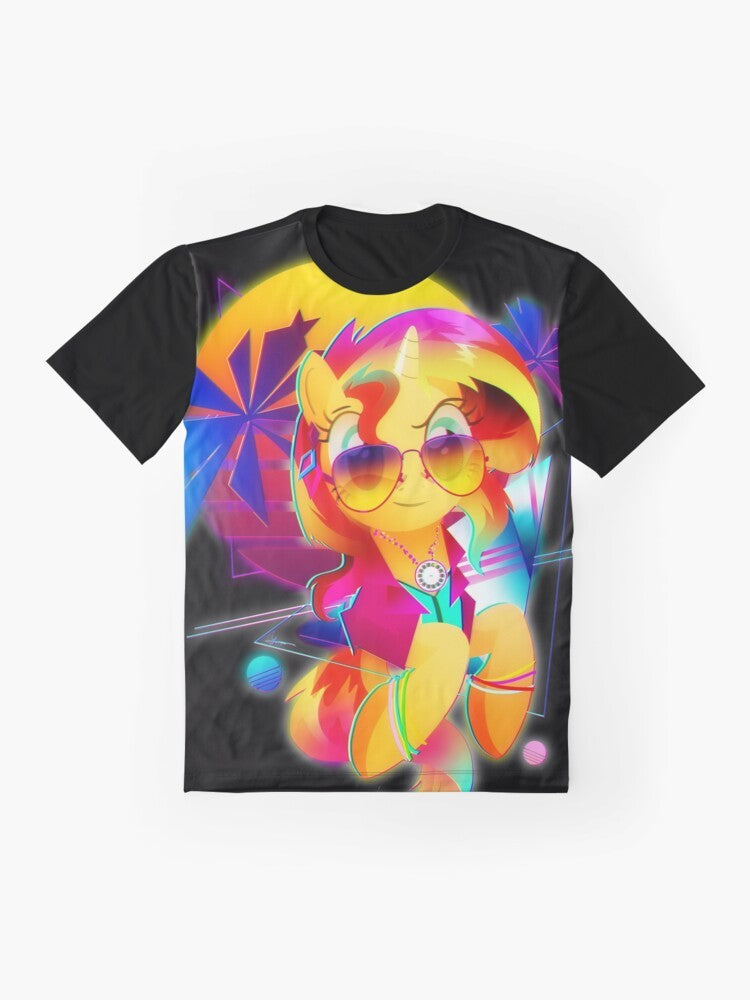 Retro synthwave-style graphic t-shirt featuring Sunset Shimmer from My Little Pony: Friendship is Magic - Flat lay