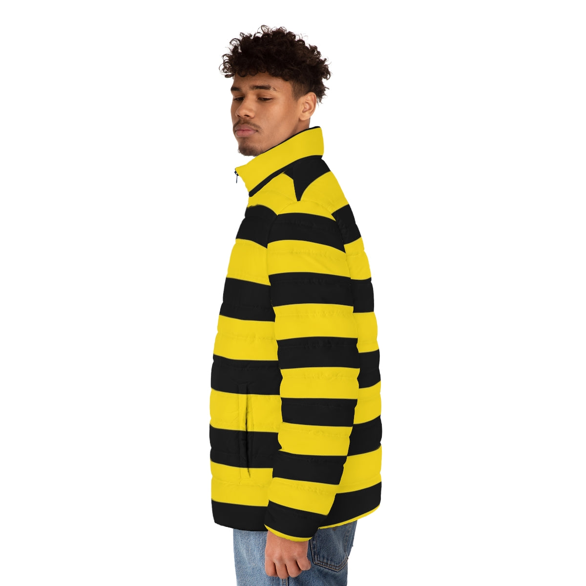 Vibrant yellow and black wide horizontal striped puffer jacket - men side left