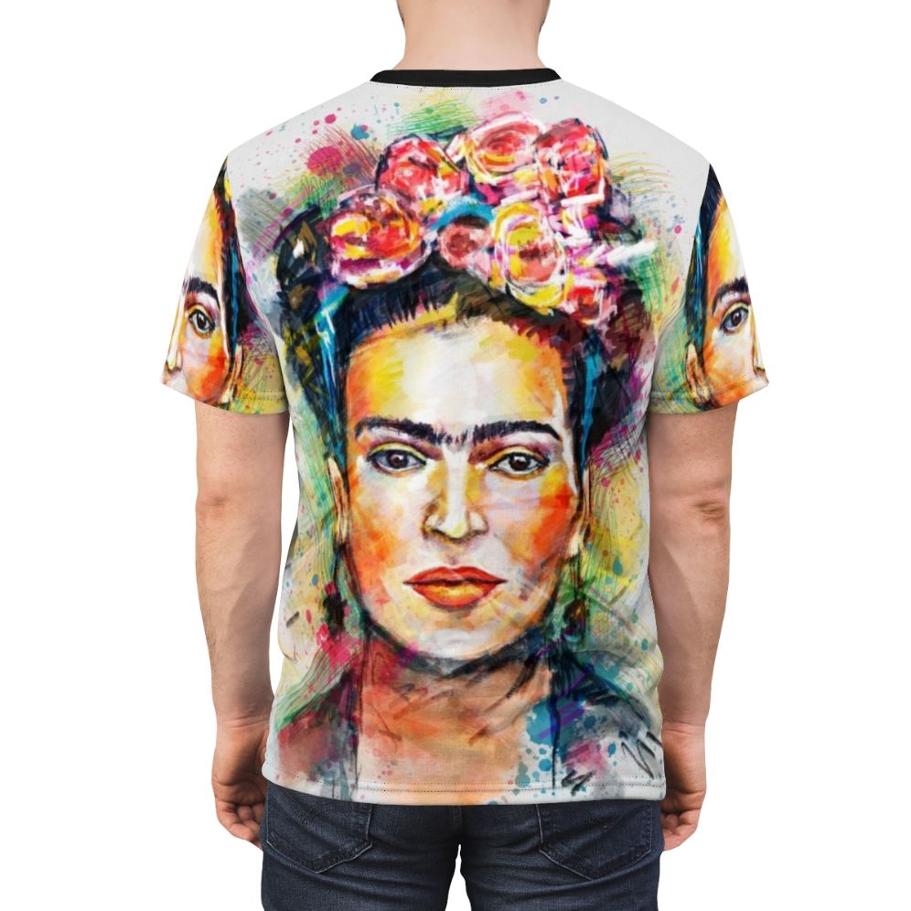 Colorful abstract portrait t-shirt design inspired by the iconic Mexican artist Frida Kahlo - men back