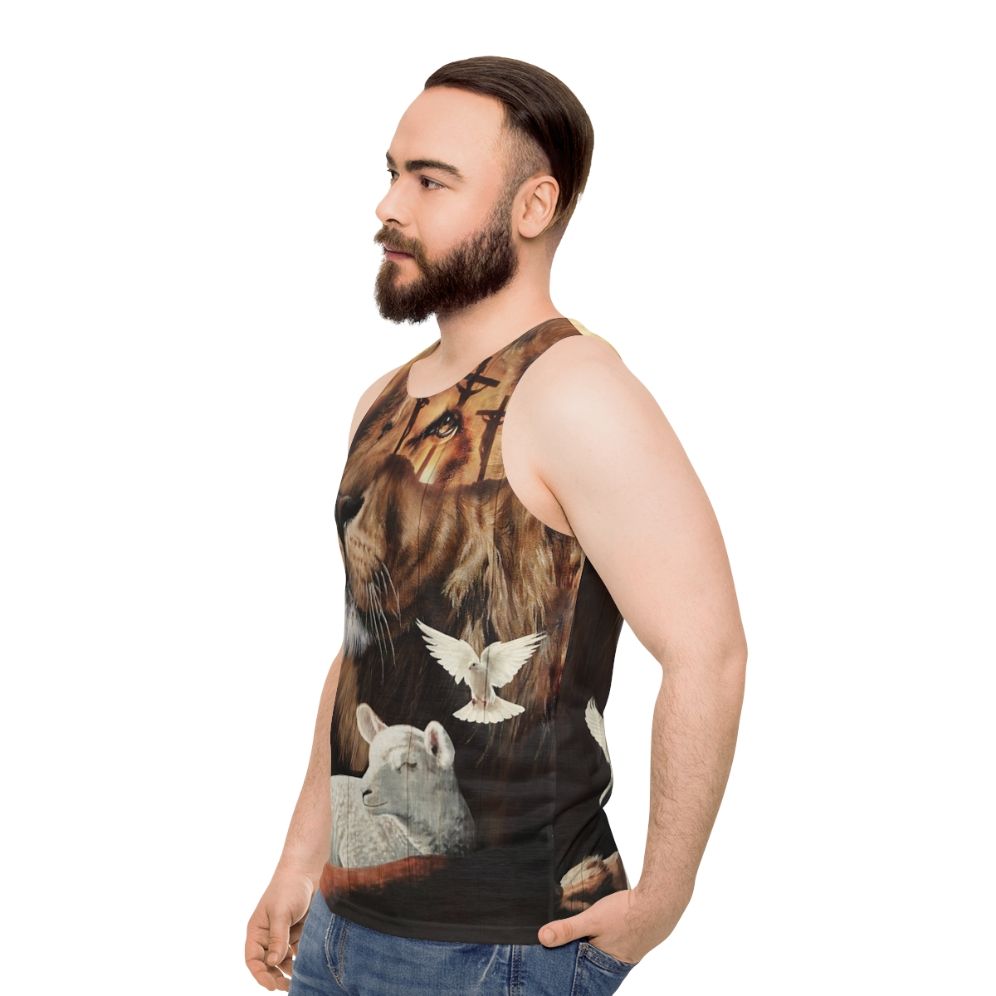 Unisex Christian tank top with the Lion of Judah and the Lamb of God - men side