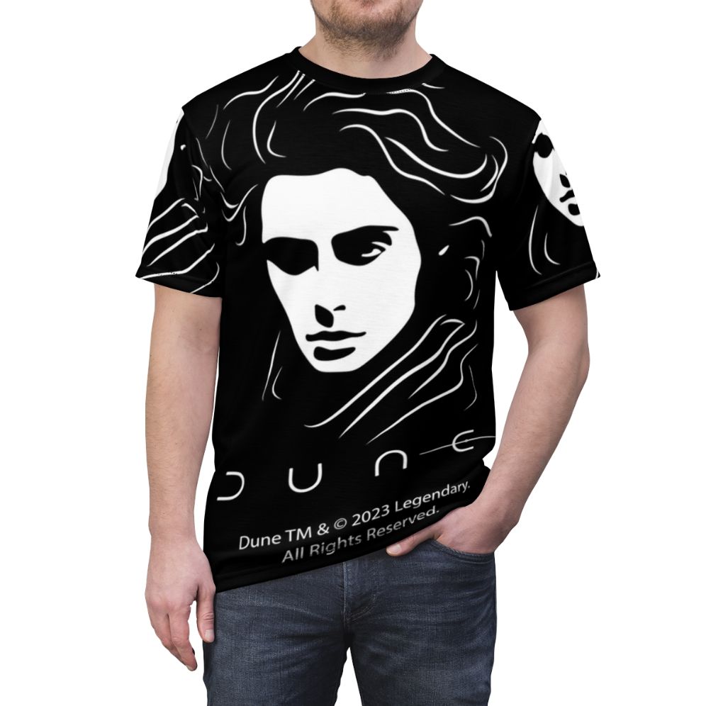 Paul Atreides from the Dune universe featured on an all-over print t-shirt - men front