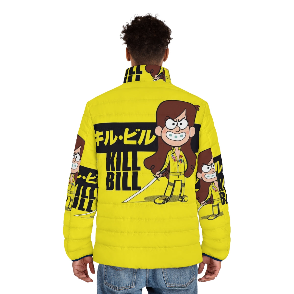 A stylish puffer jacket featuring iconic elements from the Kill Bill franchise and Gravity Falls universe - men back