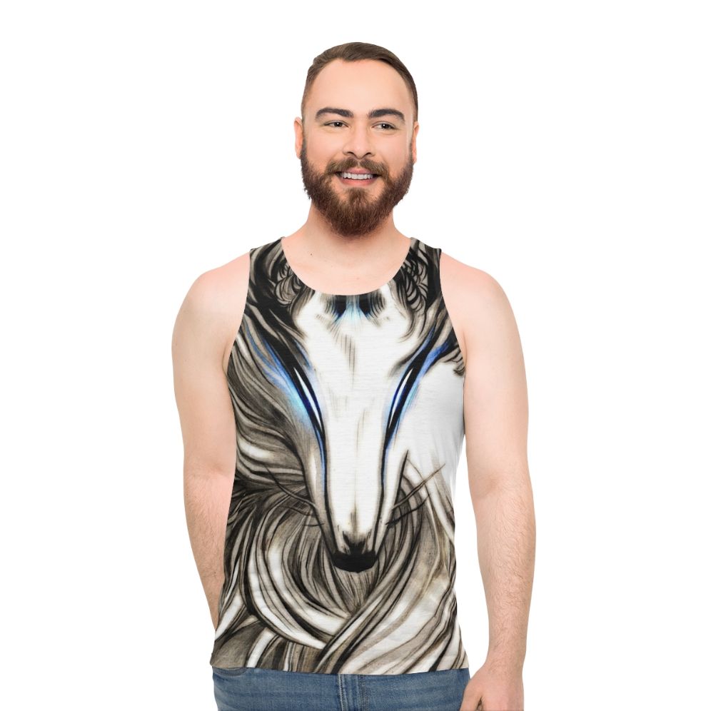 Winter wolf illustration on black and white unisex tank top - men