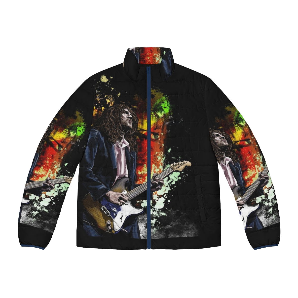 A puffer jacket featuring an illustration of John Frusciante, the legendary guitarist of the Red Hot Chili Peppers.