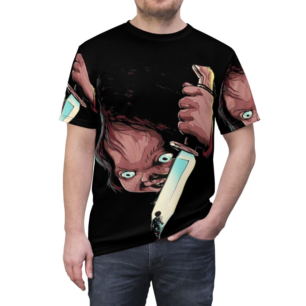 Chucky-inspired t-shirt featuring horror movie imagery - men front