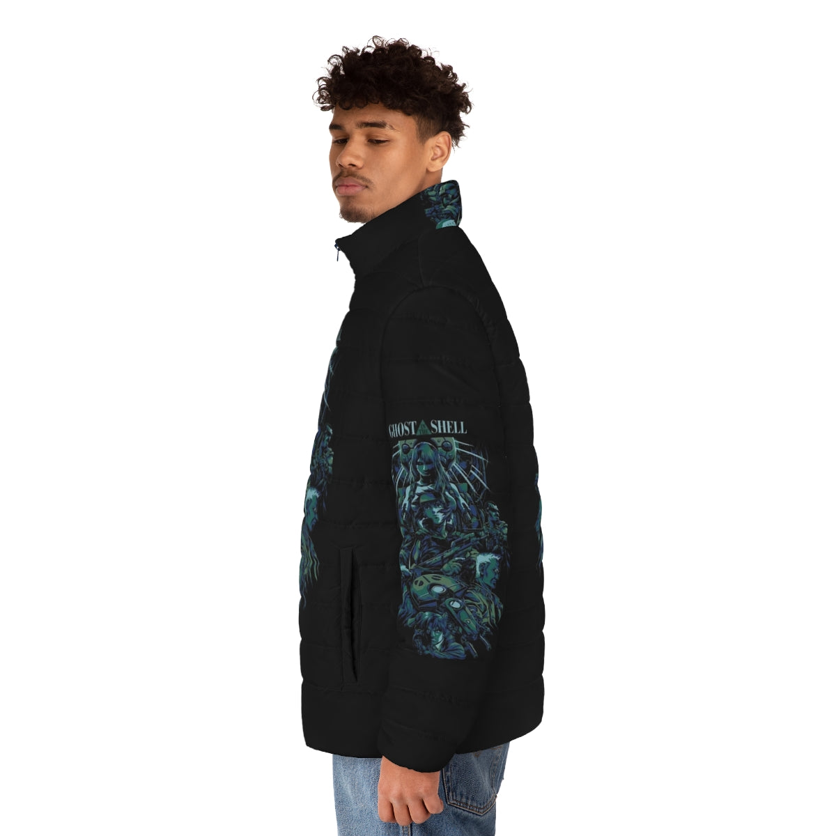 Ghost in the Shell Puffer Jacket featuring characters from the anime series - men side left