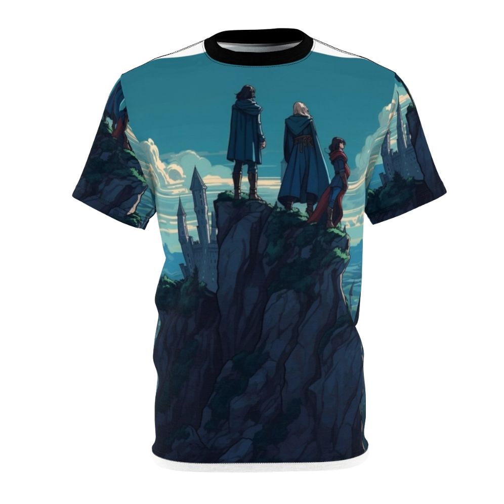 Castlevania-themed t-shirt featuring Trevor, Sypha, and Alucard characters in a nature-inspired all-over print design.