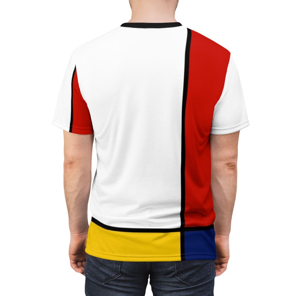 Vibrant abstract Mondrian-style geometric art design printed on a high-quality t-shirt. - men back