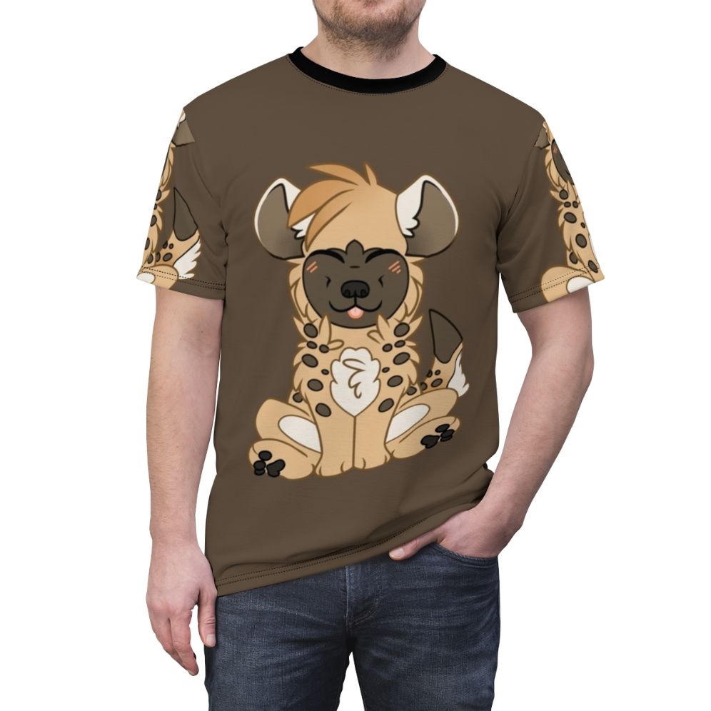 Illustration of a cute, smiling chibi hyena with orange fur and spotted markings, wearing a t-shirt. - men front