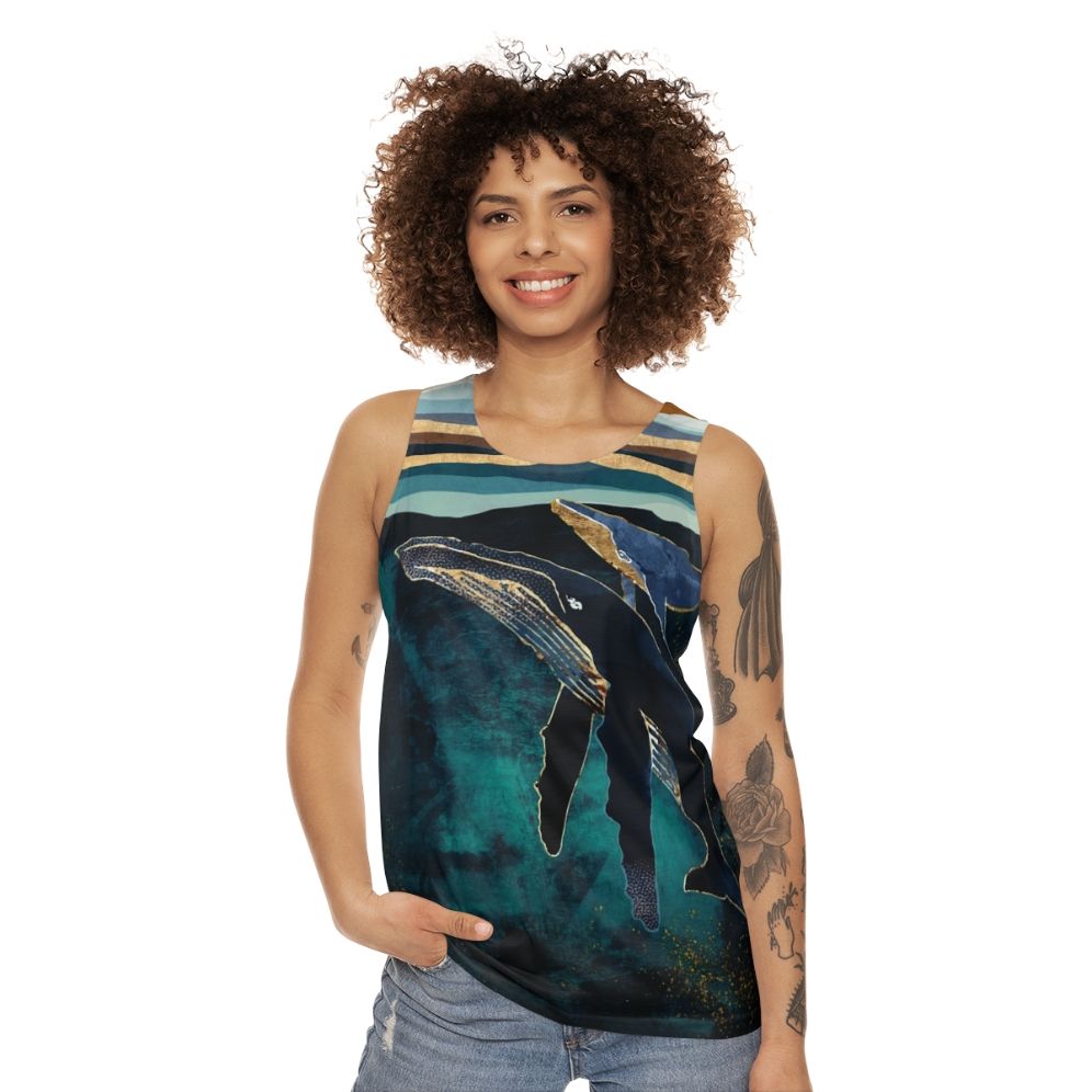 Unisex tank top featuring abstract whales and moon design - women