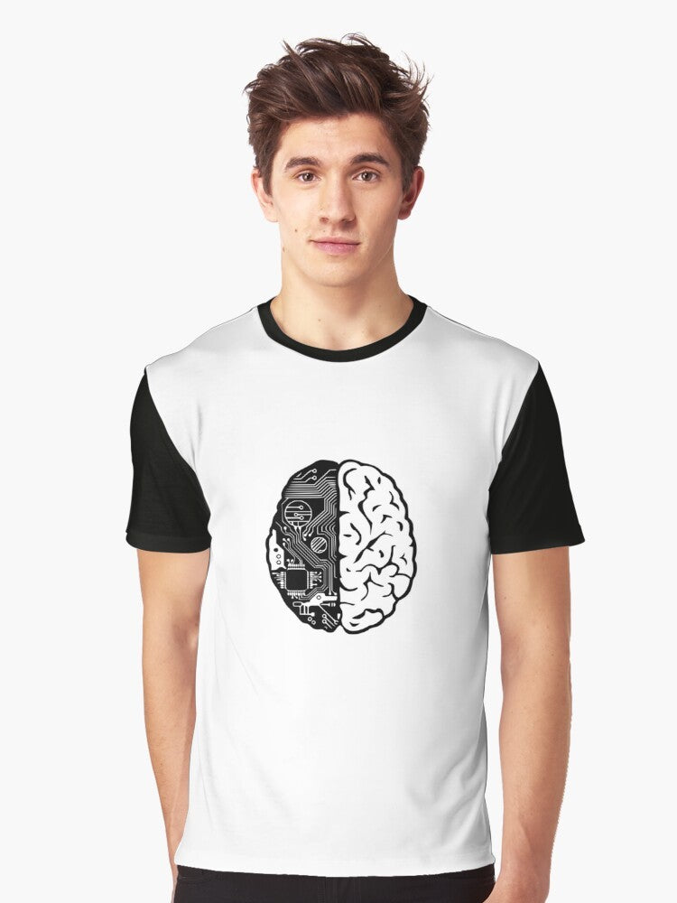 A graphic t-shirt with a binary code pattern and the text "Coding Brain" for computer programmers and software engineers. - Men