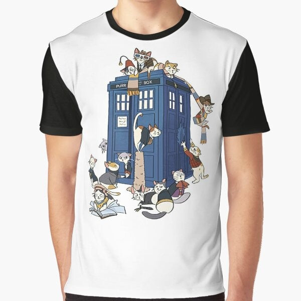 A graphic t-shirt featuring a cartoon cat dressed as the iconic Doctor from the sci-fi TV series Doctor Who.