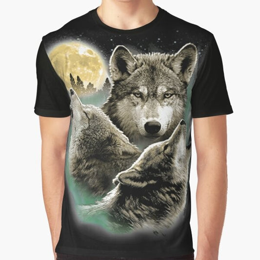 A graphic t-shirt design featuring three howling wolves against a full moon in the night sky.