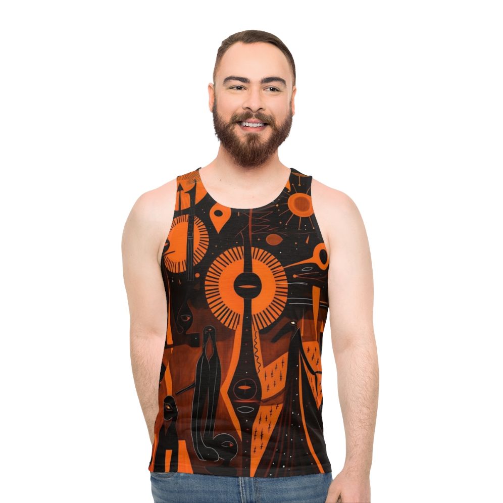 Unisex tank top with nature-inspired woodcut artwork featuring ancient spiritual symbols - men