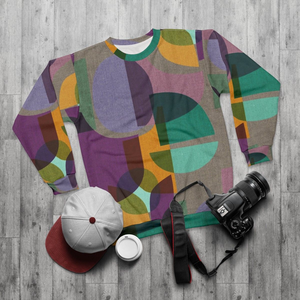 Mid Century Kaleidoscope Symphony Purple Sweatshirt with Abstract Multicolor Design - flat lay