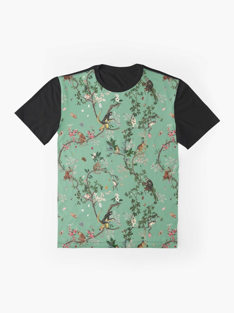 A vibrant green t-shirt featuring a playful monkey design amidst a lush, tropical floral pattern. - Flat lay