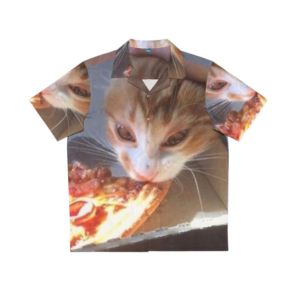 Cat licking pizza on a Hawaiian shirt