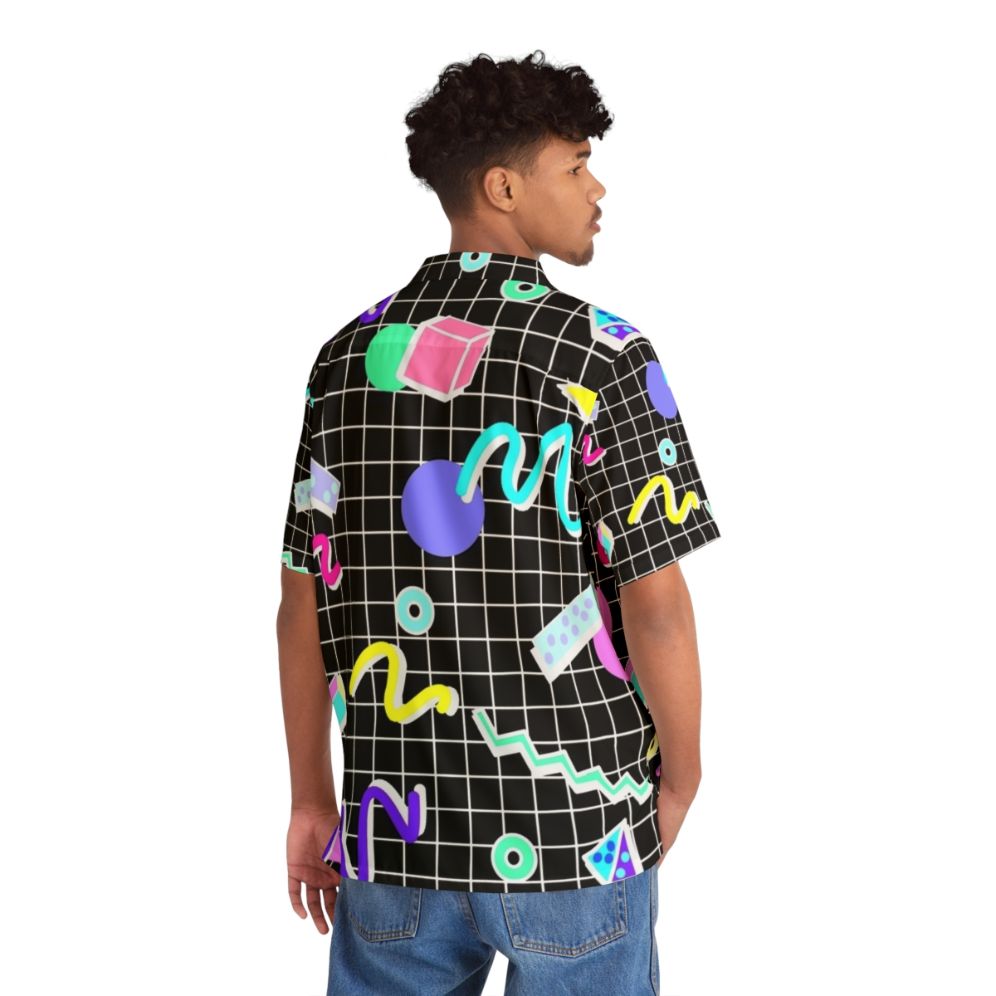 80s retro grid design Hawaiian shirt with abstract cyberpunk aesthetic - Flat lay