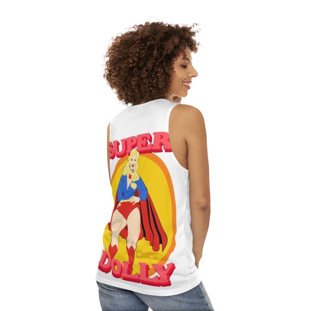 Unisex tank top with Dolly Parton and superhero pinup style - women back