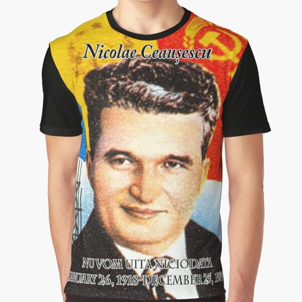 T-shirt with a graphic design featuring Nicolae Ceaușescu, the former communist leader of Romania.